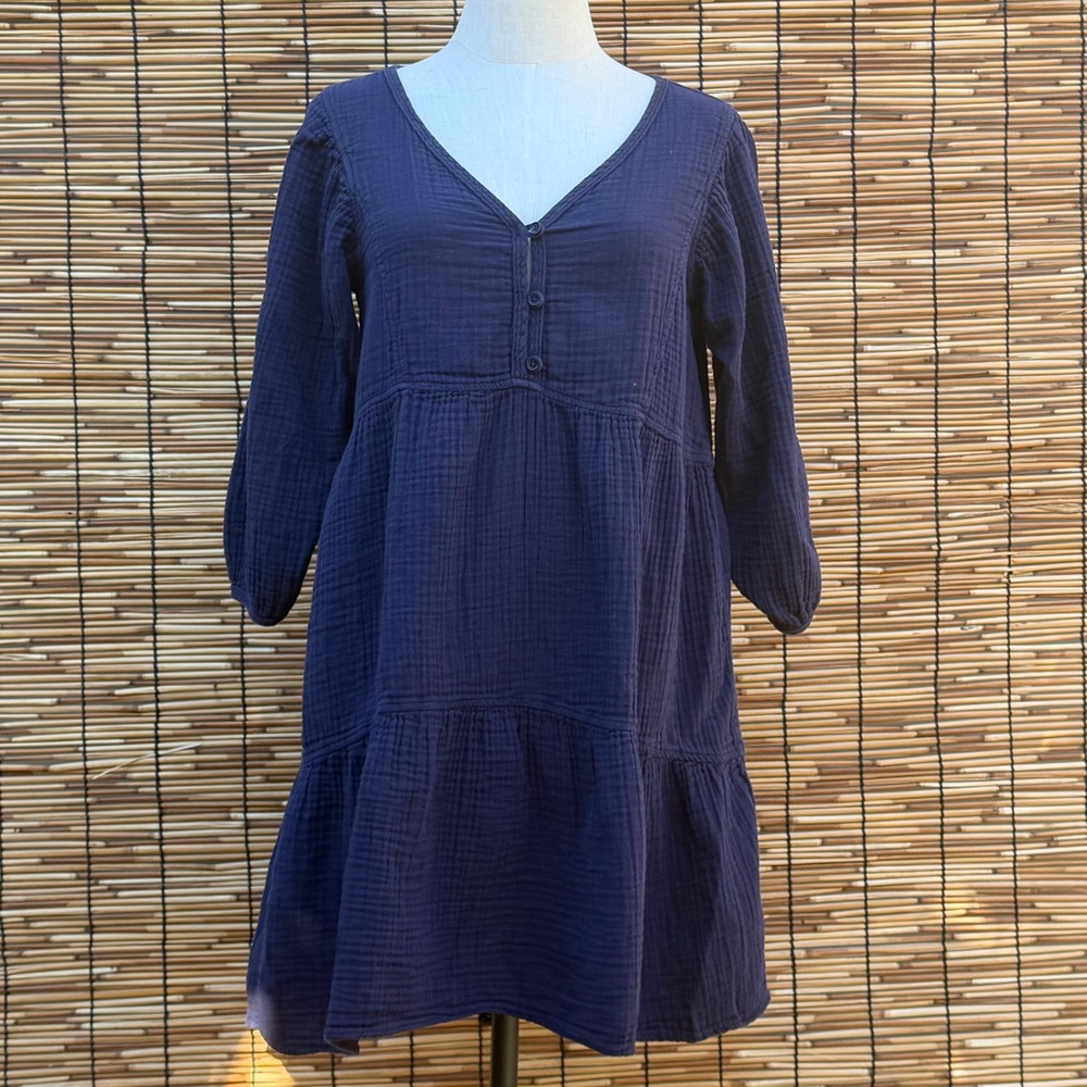Mododoc Navy Blue Cotton Double Gauze Tiered V-Neck Mini Dress Small‎